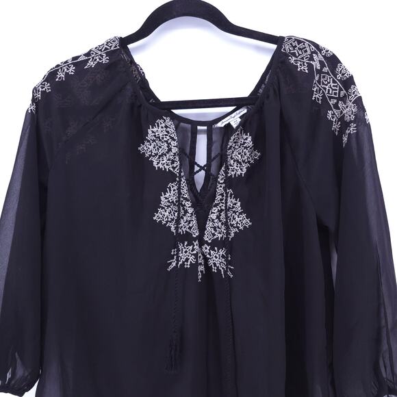 AEO American Eagle Boho Peasant 70s Black Sheer Embroidered Blouse Rope Tassel M - Picture 2 of 13